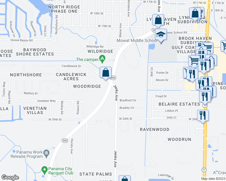 map of restaurants, bars, coffee shops, grocery stores, and more near 2301 Florida 390 in Lynn Haven