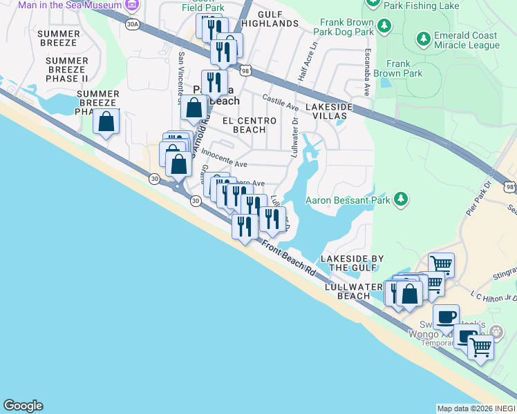 map of restaurants, bars, coffee shops, grocery stores, and more near 612 Lisbon Avenue in Panama City Beach