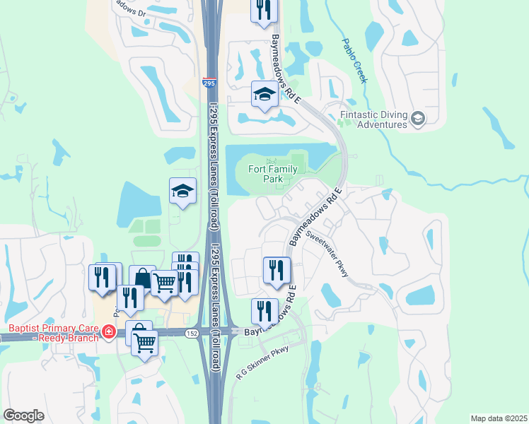 map of restaurants, bars, coffee shops, grocery stores, and more near 8077 Summerside Circle in Jacksonville