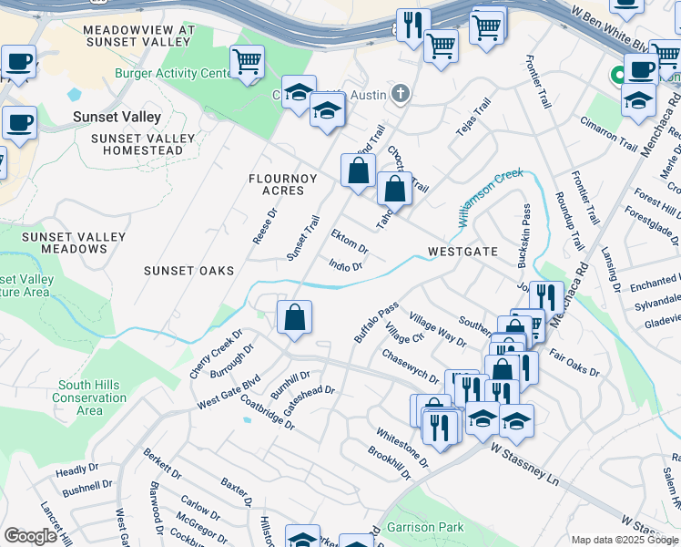 map of restaurants, bars, coffee shops, grocery stores, and more near 5301 Indio Cove in Austin