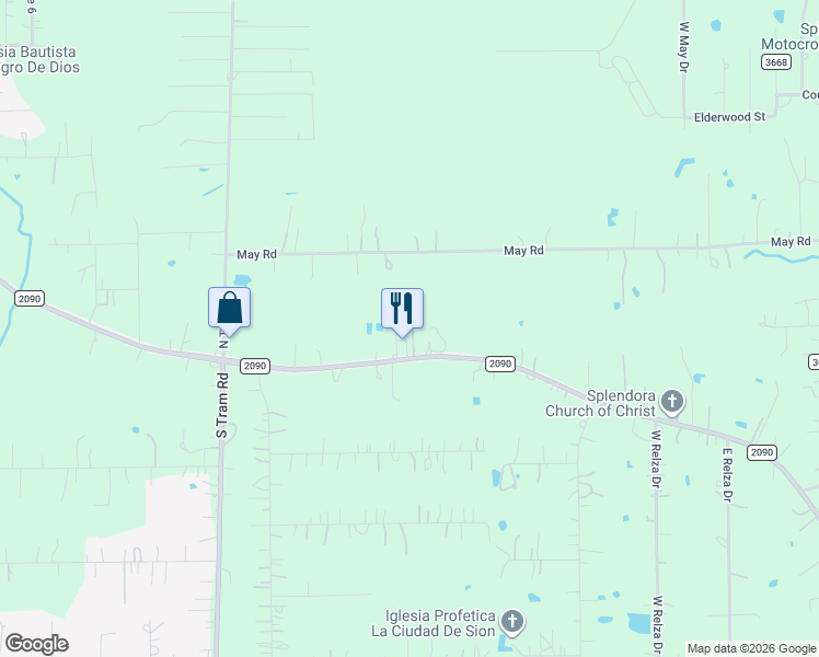 map of restaurants, bars, coffee shops, grocery stores, and more near 27833 Farm to Market Road 2090 in Splendora