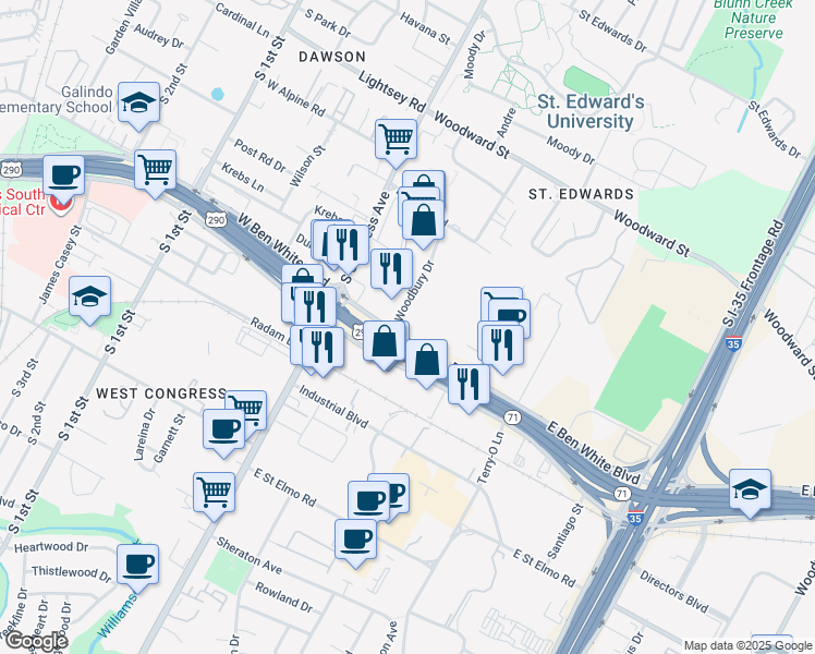map of restaurants, bars, coffee shops, grocery stores, and more near 304 East Ben White Boulevard in Austin