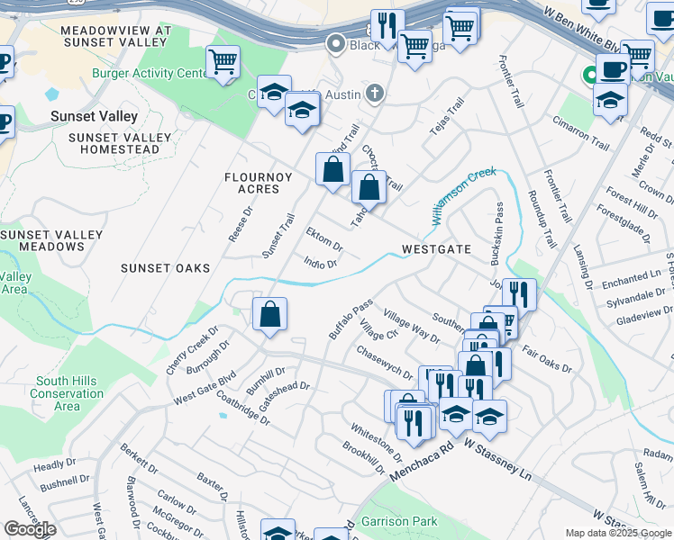 map of restaurants, bars, coffee shops, grocery stores, and more near 5305 Indio Drive in Austin