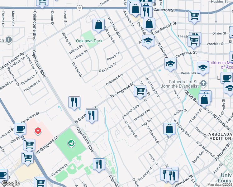 map of restaurants, bars, coffee shops, grocery stores, and more near 198 Ridgewood Street in Lafayette