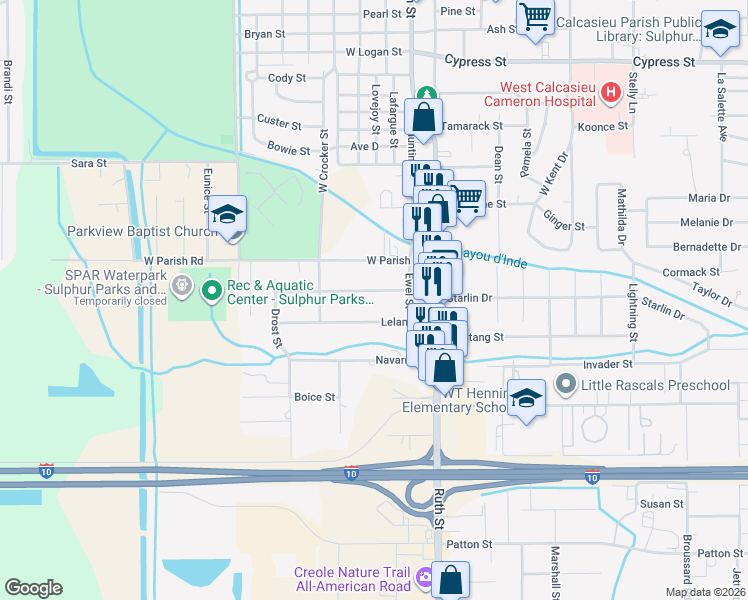 map of restaurants, bars, coffee shops, grocery stores, and more near 323 Landry Street in Sulphur