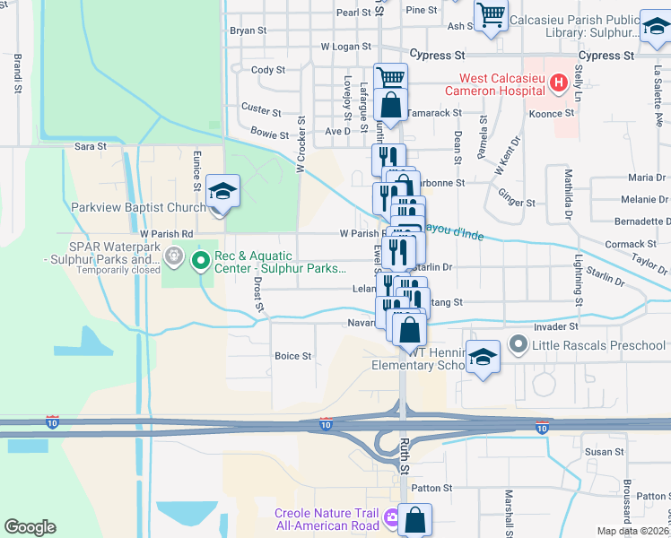 map of restaurants, bars, coffee shops, grocery stores, and more near 323 Landry Street in Sulphur
