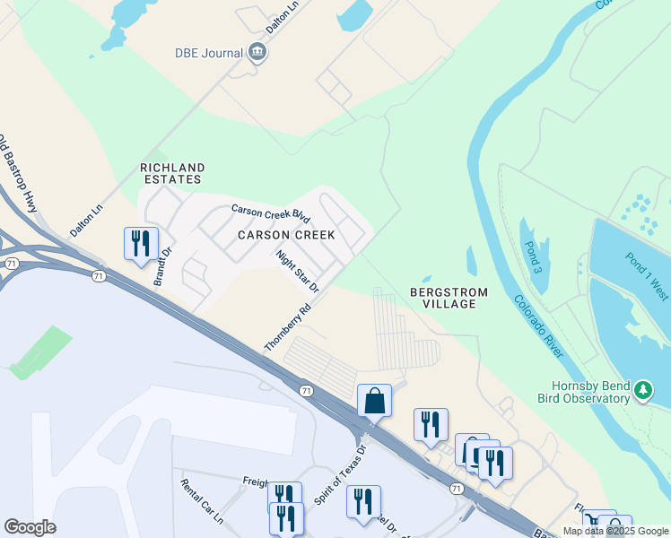 map of restaurants, bars, coffee shops, grocery stores, and more near 1403 Warrior Lane in Del Valle