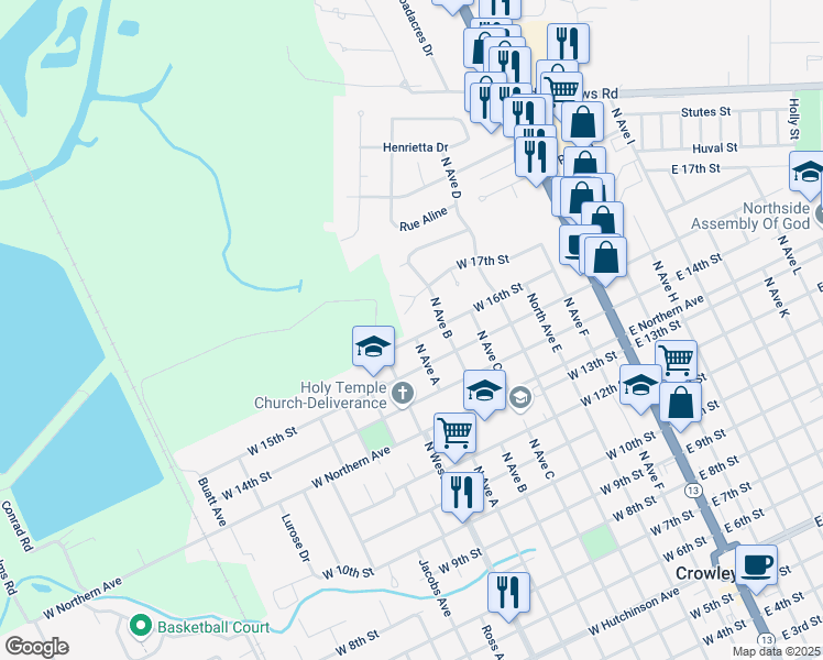 map of restaurants, bars, coffee shops, grocery stores, and more near 630 West 16th Street in Crowley