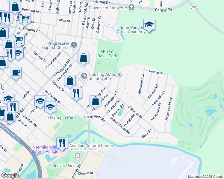 map of restaurants, bars, coffee shops, grocery stores, and more near 2711 East Simcoe Street in Lafayette