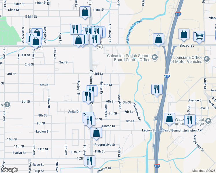 map of restaurants, bars, coffee shops, grocery stores, and more near 1209 Summit St in Lake Charles