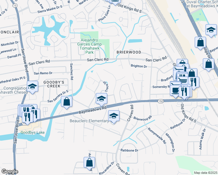 map of restaurants, bars, coffee shops, grocery stores, and more near 8750 Osprey Lane in Jacksonville