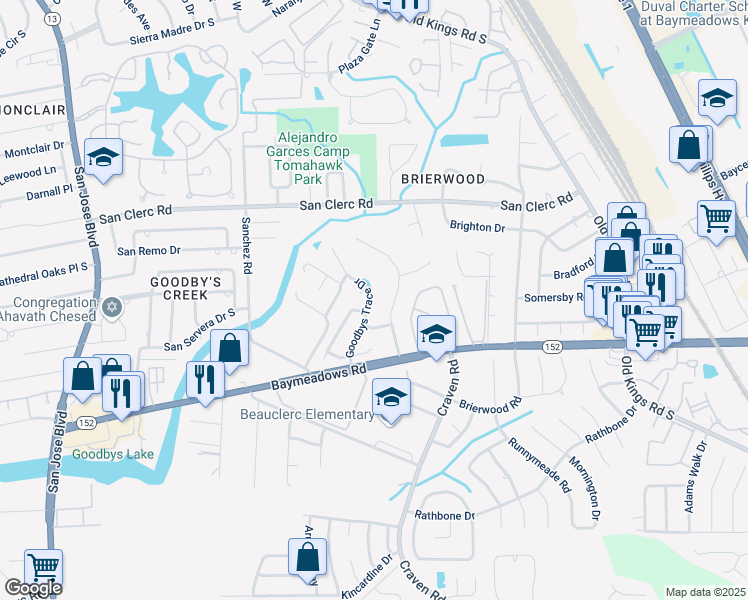 map of restaurants, bars, coffee shops, grocery stores, and more near 8750 Osprey Lane in Jacksonville