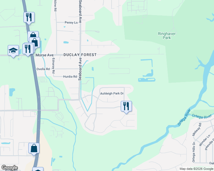 map of restaurants, bars, coffee shops, grocery stores, and more near 5562 Lafayette Park Drive North in Jacksonville