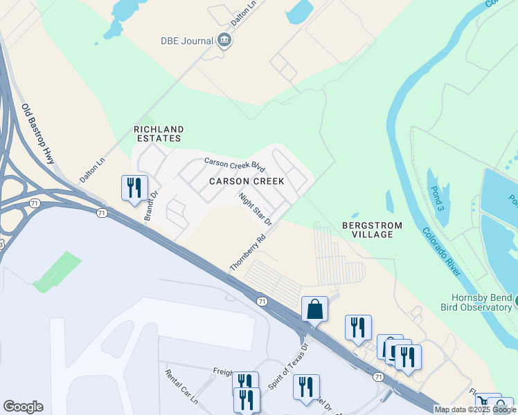 map of restaurants, bars, coffee shops, grocery stores, and more near 9604 Night Star Drive in Del Valle