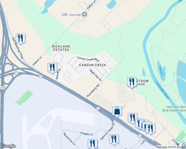 map of restaurants, bars, coffee shops, grocery stores, and more near 1600 Landing Lane in Del Valle