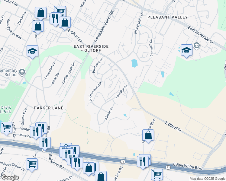 map of restaurants, bars, coffee shops, grocery stores, and more near 2900 Sunridge Drive in Austin