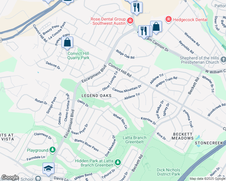 map of restaurants, bars, coffee shops, grocery stores, and more near 6009 Cannon Mountain Drive in Austin