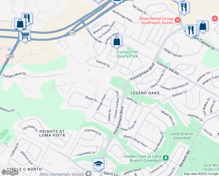 map of restaurants, bars, coffee shops, grocery stores, and more near 4400 Siringo Pass in Austin