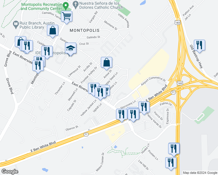 map of restaurants, bars, coffee shops, grocery stores, and more near 7412 Cayenne Lane in Austin