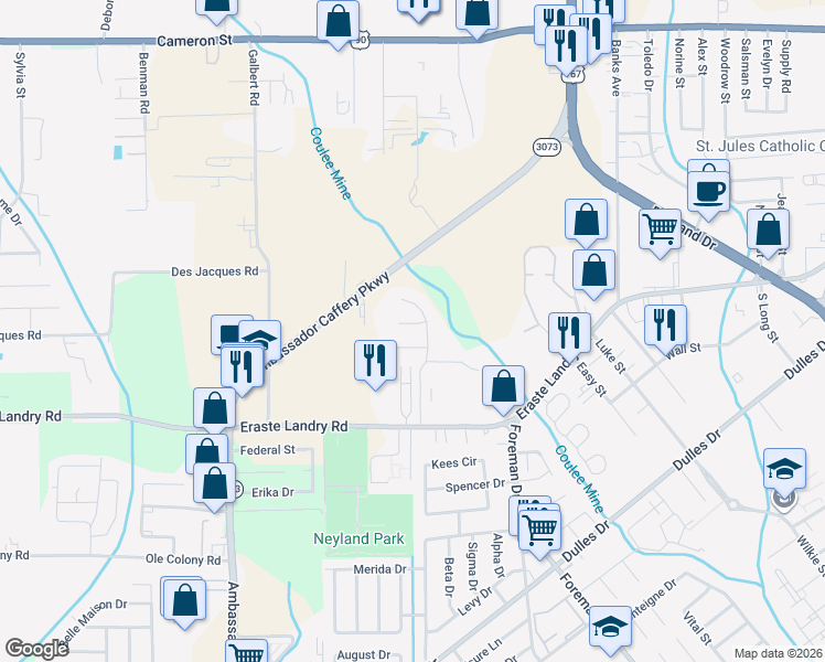 map of restaurants, bars, coffee shops, grocery stores, and more near 115 Atmos Energy Dr in Lafayette