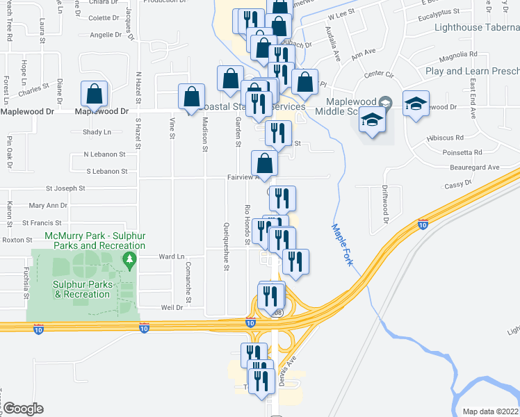 map of restaurants, bars, coffee shops, grocery stores, and more near 212 South Cities Service Highway in Sulphur