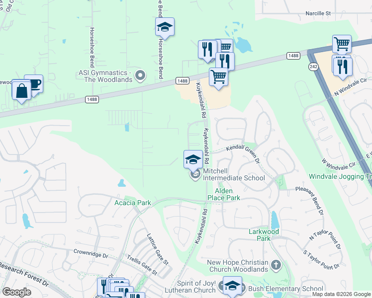 map of restaurants, bars, coffee shops, grocery stores, and more near 85 North Villa Oaks Drive in Spring