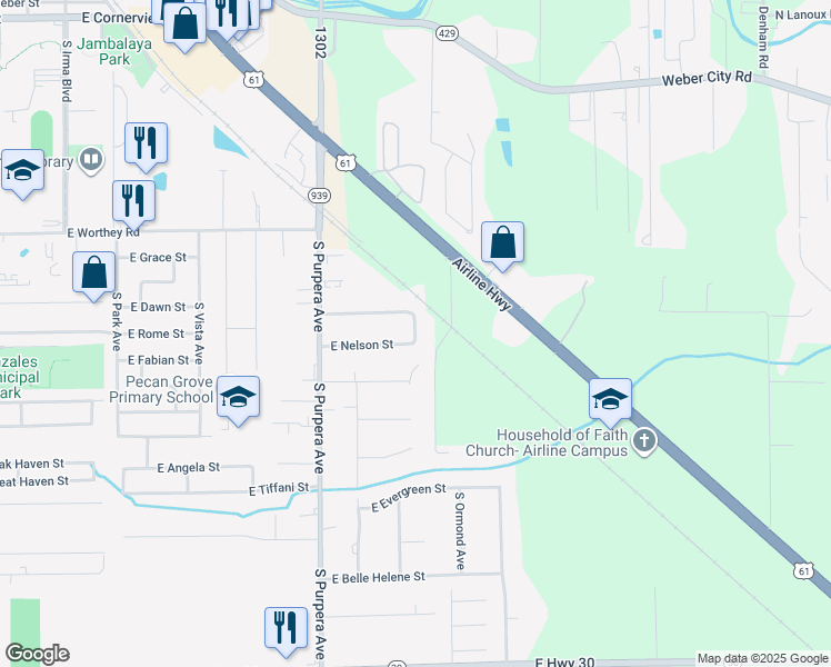 map of restaurants, bars, coffee shops, grocery stores, and more near 1399 South Brad Alan Avenue in Gonzales