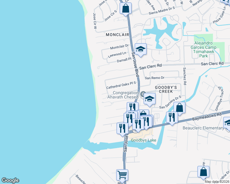 map of restaurants, bars, coffee shops, grocery stores, and more near 3622 Cathedral Cove Road in Jacksonville