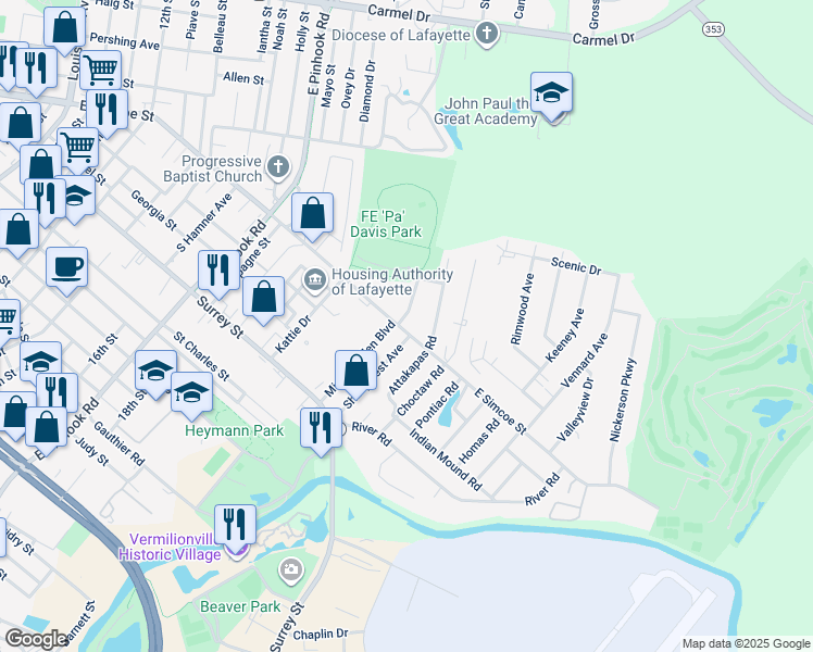 map of restaurants, bars, coffee shops, grocery stores, and more near 2819 East Simcoe Street in Lafayette