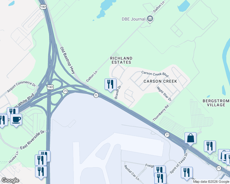 map of restaurants, bars, coffee shops, grocery stores, and more near 1555 East Highway 71 in Austin