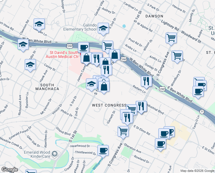 map of restaurants, bars, coffee shops, grocery stores, and more near 4327 South 1st Street in Austin