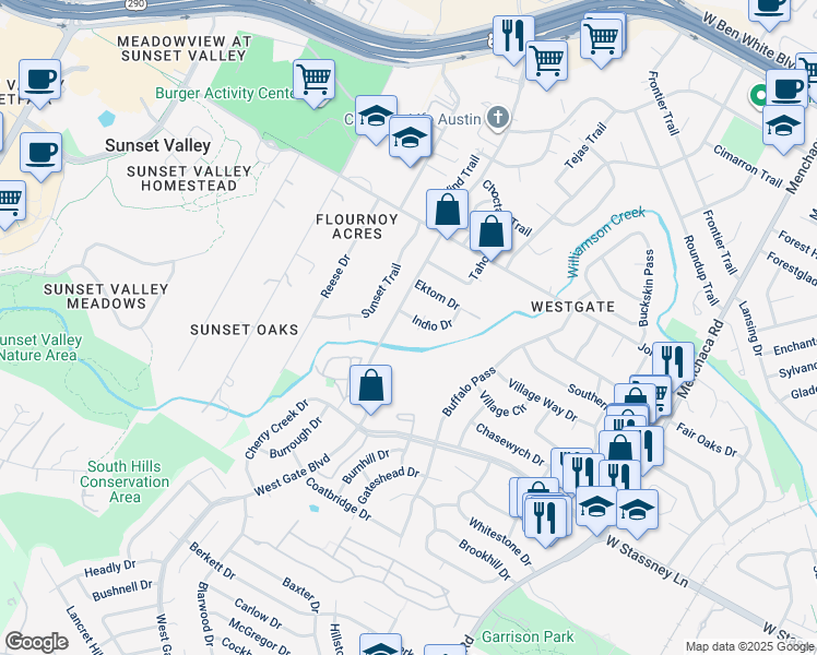 map of restaurants, bars, coffee shops, grocery stores, and more near 5303 Indio Cove in Austin