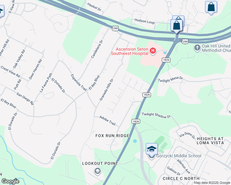 map of restaurants, bars, coffee shops, grocery stores, and more near 7807 Indian Ridge Drive in Austin