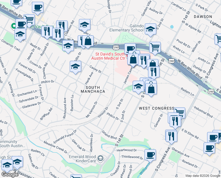map of restaurants, bars, coffee shops, grocery stores, and more near 902 Plateau Circle in Austin