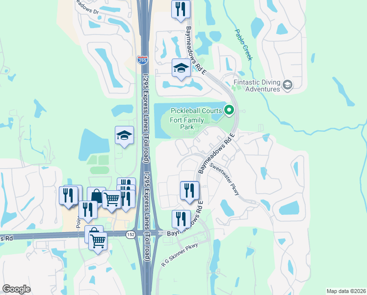 map of restaurants, bars, coffee shops, grocery stores, and more near 8077 Summerside Circle in Jacksonville