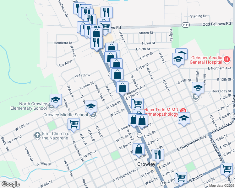 map of restaurants, bars, coffee shops, grocery stores, and more near 1330-1398 North Ave F in Crowley
