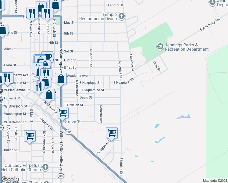 map of restaurants, bars, coffee shops, grocery stores, and more near 600-798 Davis St in Jennings