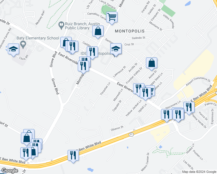 map of restaurants, bars, coffee shops, grocery stores, and more near 2011 Thrasher Lane in Austin