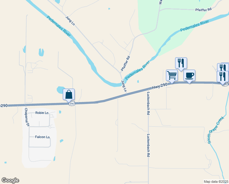 map of restaurants, bars, coffee shops, grocery stores, and more near 9396 U.S. 290 in Fredericksburg