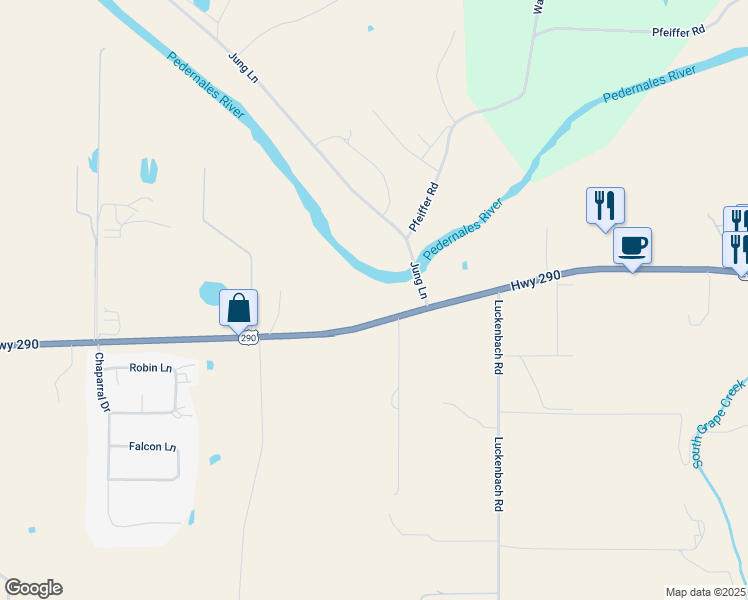 map of restaurants, bars, coffee shops, grocery stores, and more near 9396 U.S. 290 in Fredericksburg