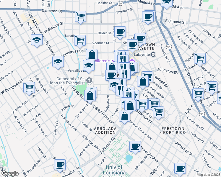 map of restaurants, bars, coffee shops, grocery stores, and more near 217 West Main Street in Lafayette