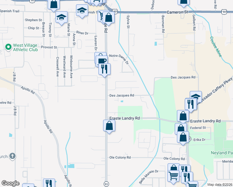 map of restaurants, bars, coffee shops, grocery stores, and more near 124 Des Jacques Road in Lafayette