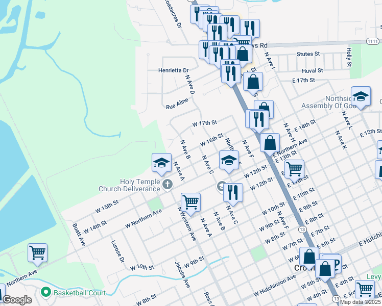 map of restaurants, bars, coffee shops, grocery stores, and more near 1515 North Avenue B in Crowley