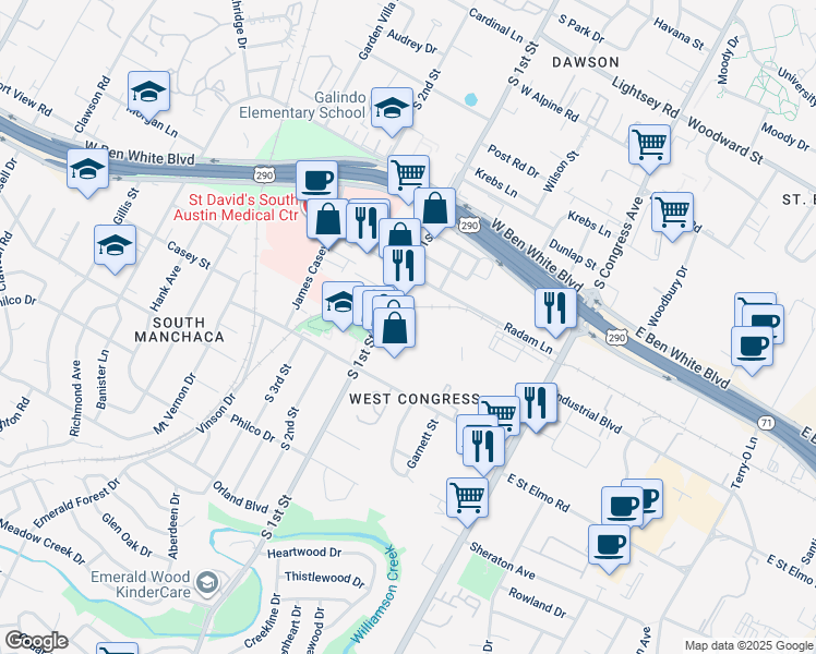 map of restaurants, bars, coffee shops, grocery stores, and more near 4327 South 1st Street in Austin
