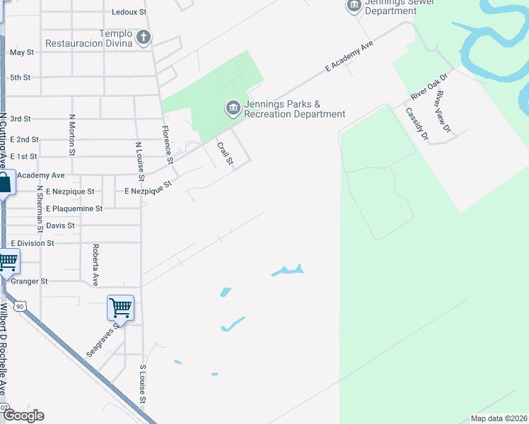 map of restaurants, bars, coffee shops, grocery stores, and more near 1298 Granger St in Jennings