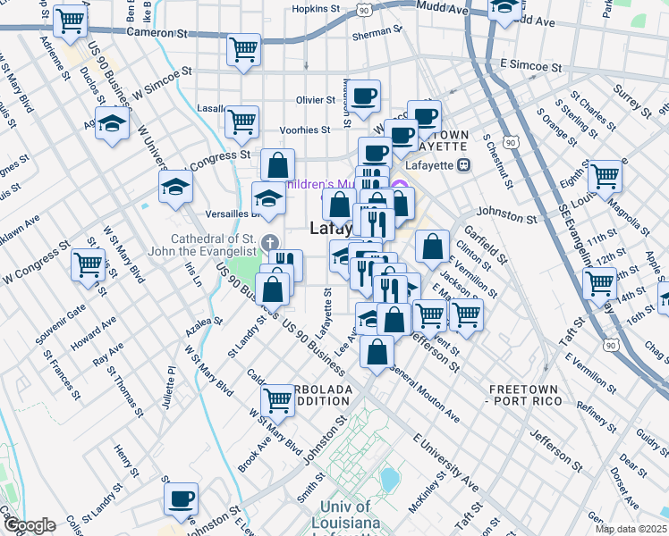 map of restaurants, bars, coffee shops, grocery stores, and more near 217 West Main Street in Lafayette
