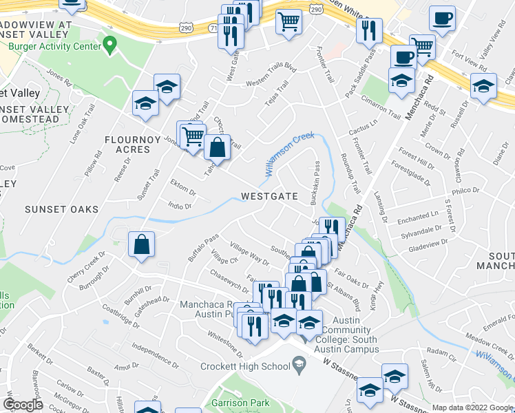 map of restaurants, bars, coffee shops, grocery stores, and more near 5202 Buffalo Pass in Austin