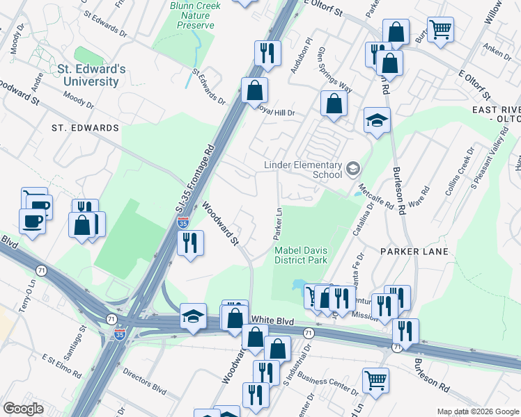 map of restaurants, bars, coffee shops, grocery stores, and more near 3300 Parker Lane in Austin