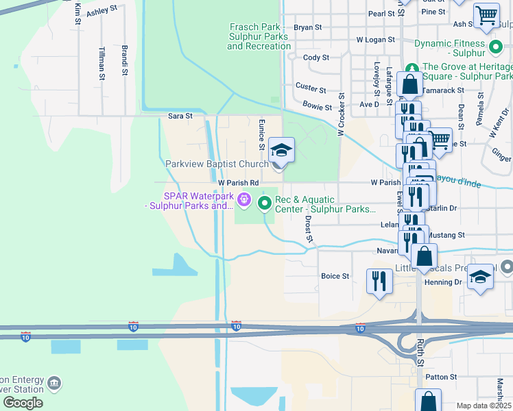map of restaurants, bars, coffee shops, grocery stores, and more near 933 West Parish Road in Sulphur