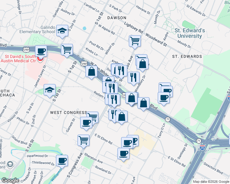 map of restaurants, bars, coffee shops, grocery stores, and more near E Ben White Blvd & S Congress Ave in Austin